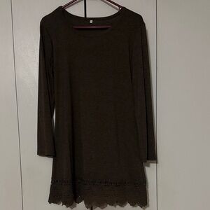Brown Long Sleeve Dress with Lace Hem